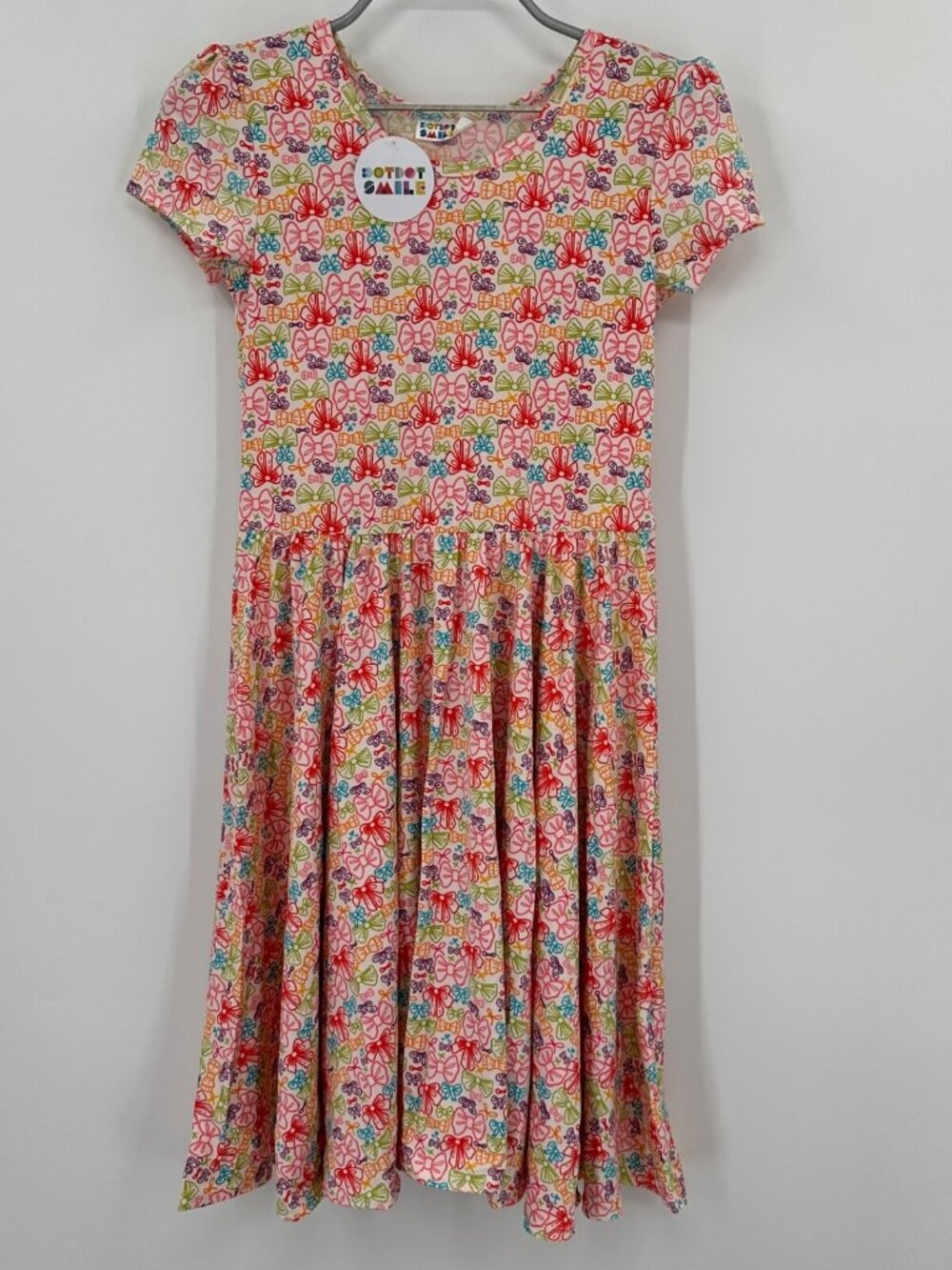 Dot Dot Smile Girl's Cap Sleeve Dress sz 11 Short Sleeve Colorful Bow Print NWT